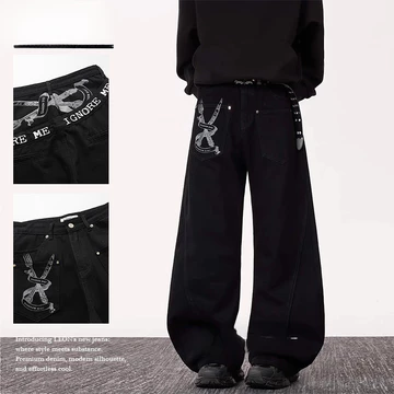 Nam Quần Đen Quần Jean Quần Rời Nam Y2K Chữ In Quần Đường Phố Quần Jean Đen Mỹ Gothic Quần Bông Tai Kẹp Quần Ống Rộng Quần Nam