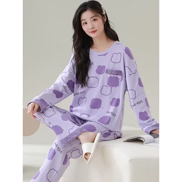 set đồ ngủ dài bộ đồ ngủ nữ dài tay Đồ ngủ nữ xuân thu quần dài tay 100% cotton có thể mặc ra ngoài đồ mặc ở nhà bộ đồ rộng rãi size lớn mẫu mới 2024