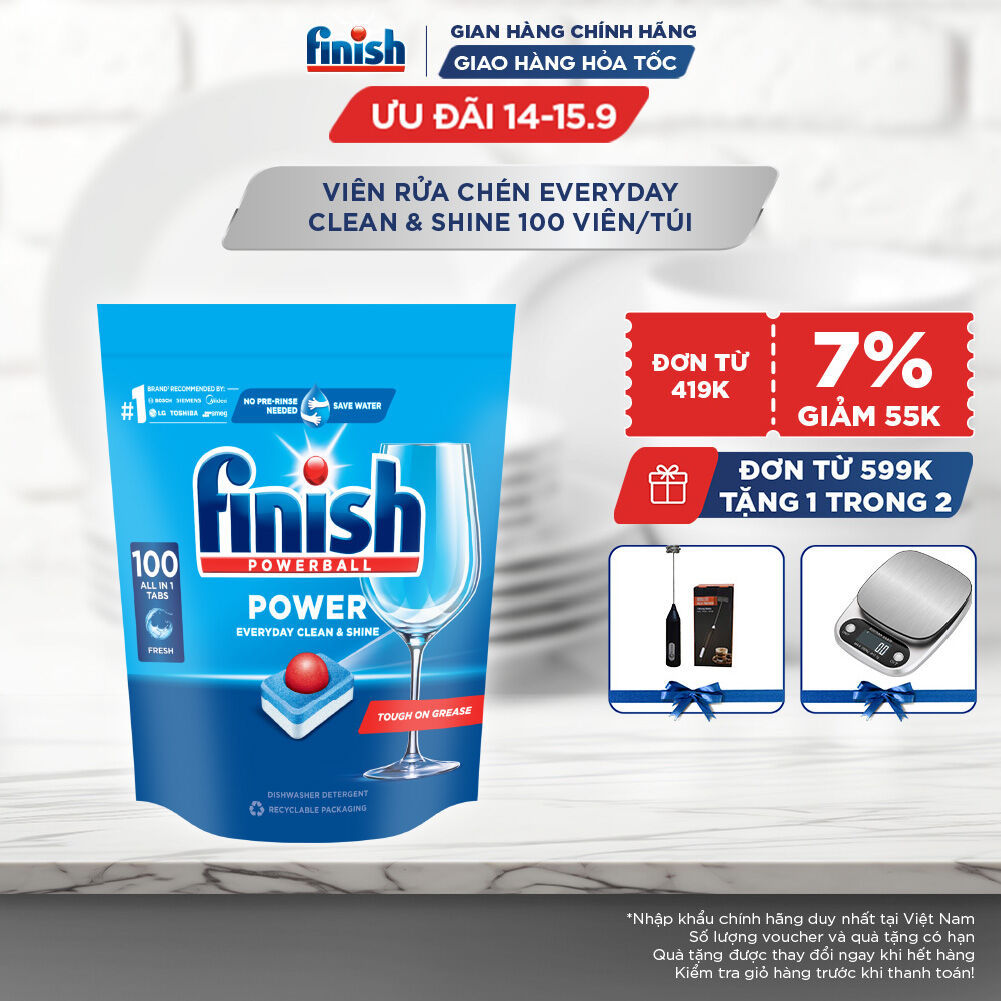 Viên Rửa Chén Bát Finish Powerball Power Everyday Clean & Shine - Túi 100 viên siêu tiết kiệm