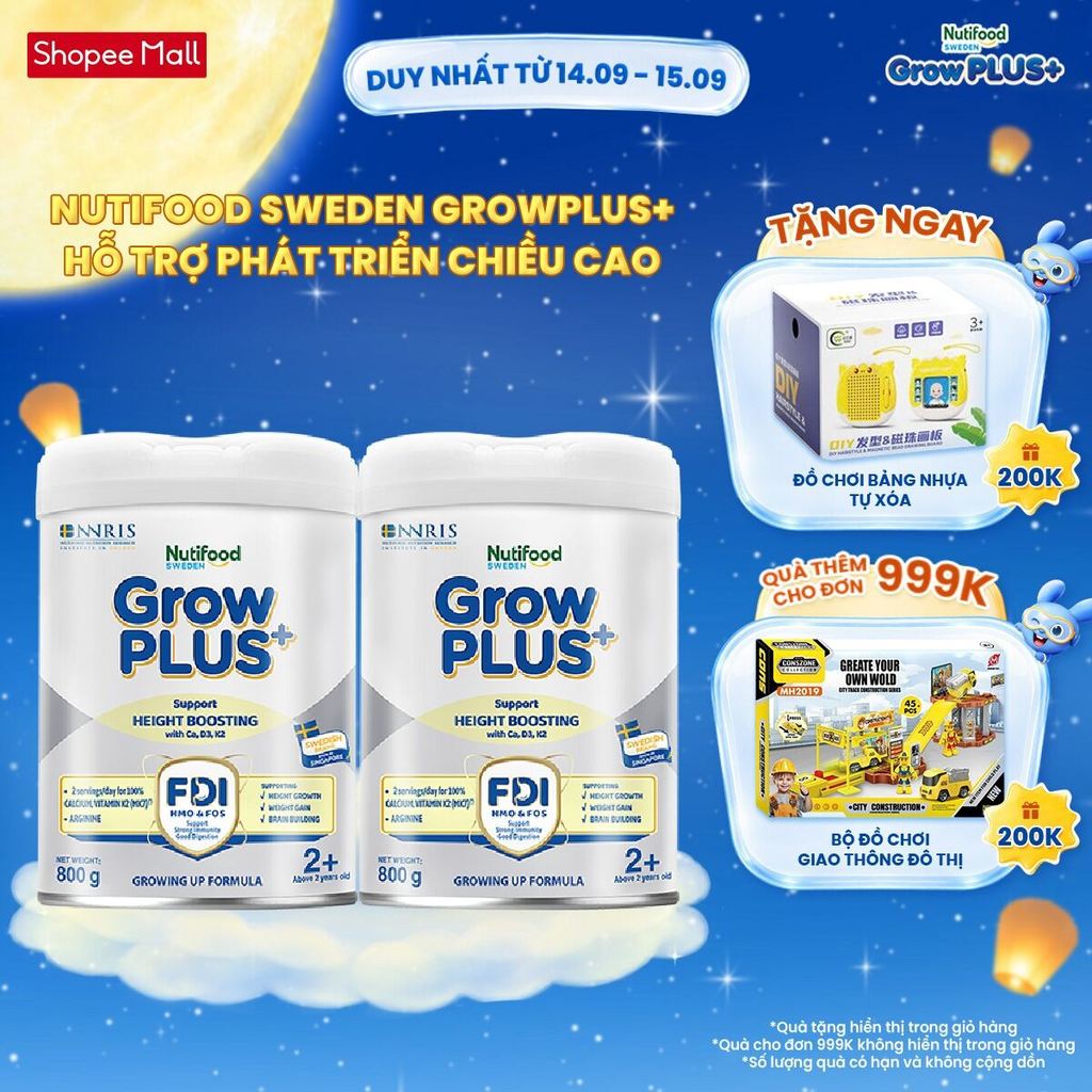 Combo 2 Sữa Bột Nutifood Sweden GrowPLUS+ Cao lớn vượt trội trên 2 tuổi (Bạc) 800g