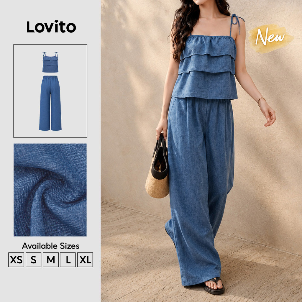(New Arrival) Lovito Quần dài nữ màu Xanh dương kiểu thường ngày màu trơn bèo nhún buộc dây phù hợp mùa xuân hè và cuối tuần; áo hoặc quần PSB204P1D069