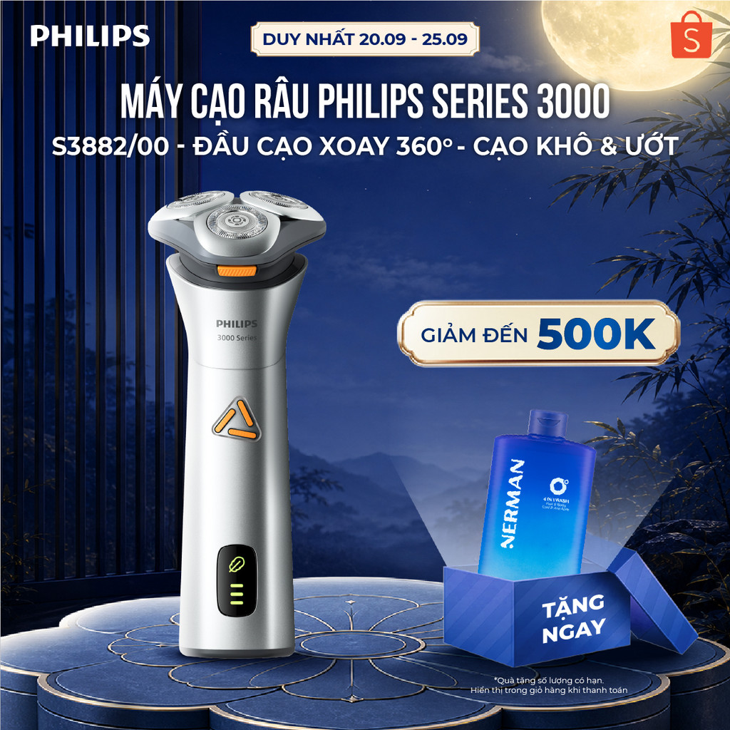 Máy cạo râu Philips S3882/00 Series 3000 – Cạo khô & ướt, chống nước, êm da