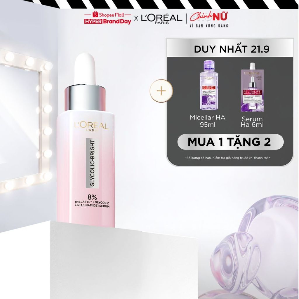 Serum Glycolic Melasyl 8% [Melasyl+Glycolic+Niacinamide] dưỡng sáng da, mờ thâm mụn & nám Loreal Paris 30ml