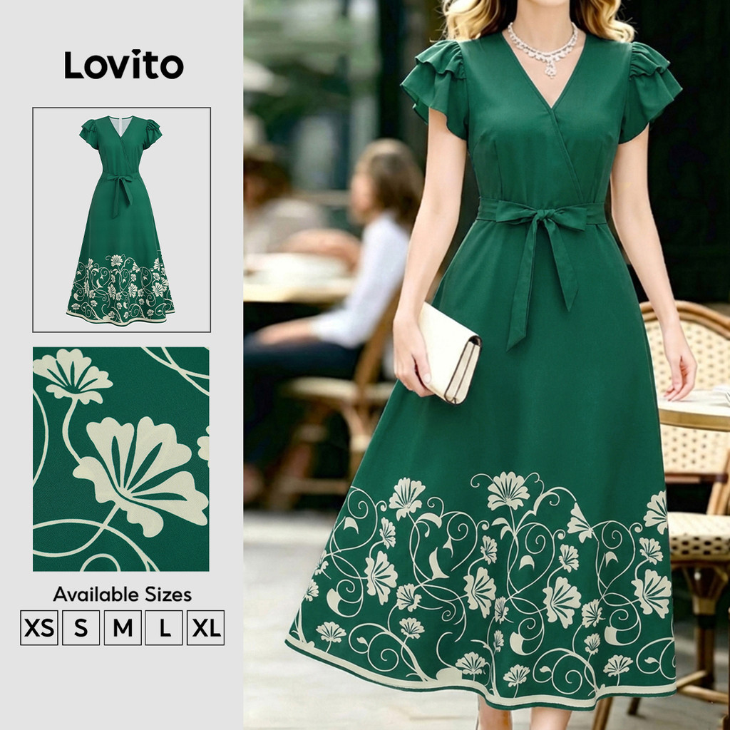 Lovito Váy hoa thanh lịch buộc dây nhún xuân/hè cho nữ DRK8P2D821