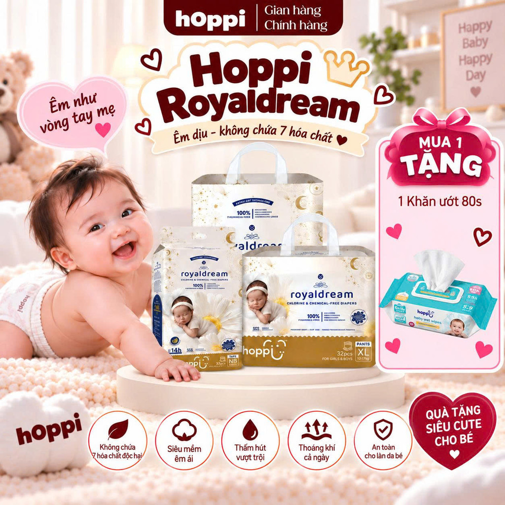 [ DEAL HOT ] Bỉm - Tã Hoppi RoyalDream cao cấp, thấm hút 14 giờ, an toàn cho bé (đủ các size cho bé)
