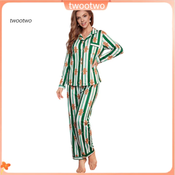 [twootwo] Bộ đồ ngủ cổ có ve áo Bộ đồ ngủ nữ Bộ đồ ngủ Giáng sinh dành cho nữ – Bộ đồ ngủ in hình người đàn ông sọc 2 món Đồ ngủ dài tay cài nút cho Southeas