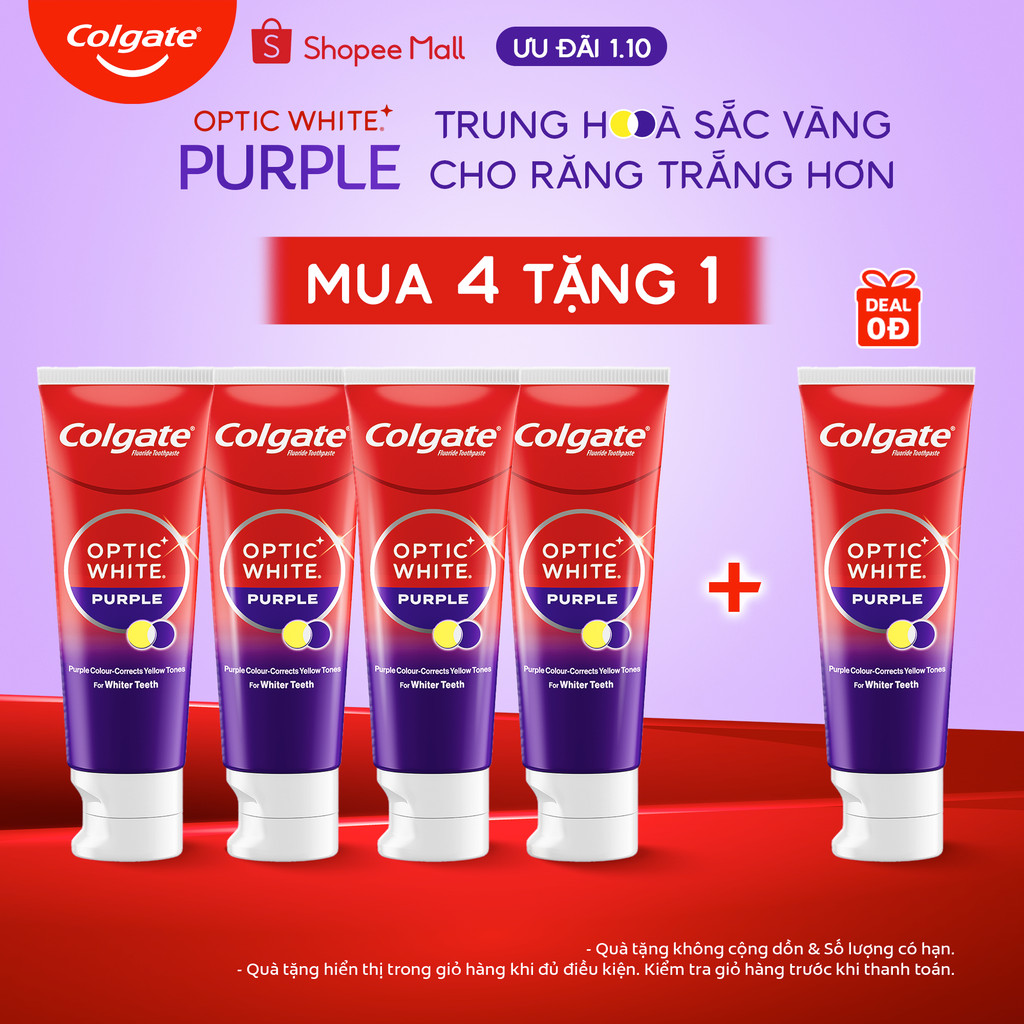 Bộ 4 Kem Đánh Răng Colgate trắng răng Optic White Purple 100g công nghệ sắc tím, trung hòa ố vàng tức thì