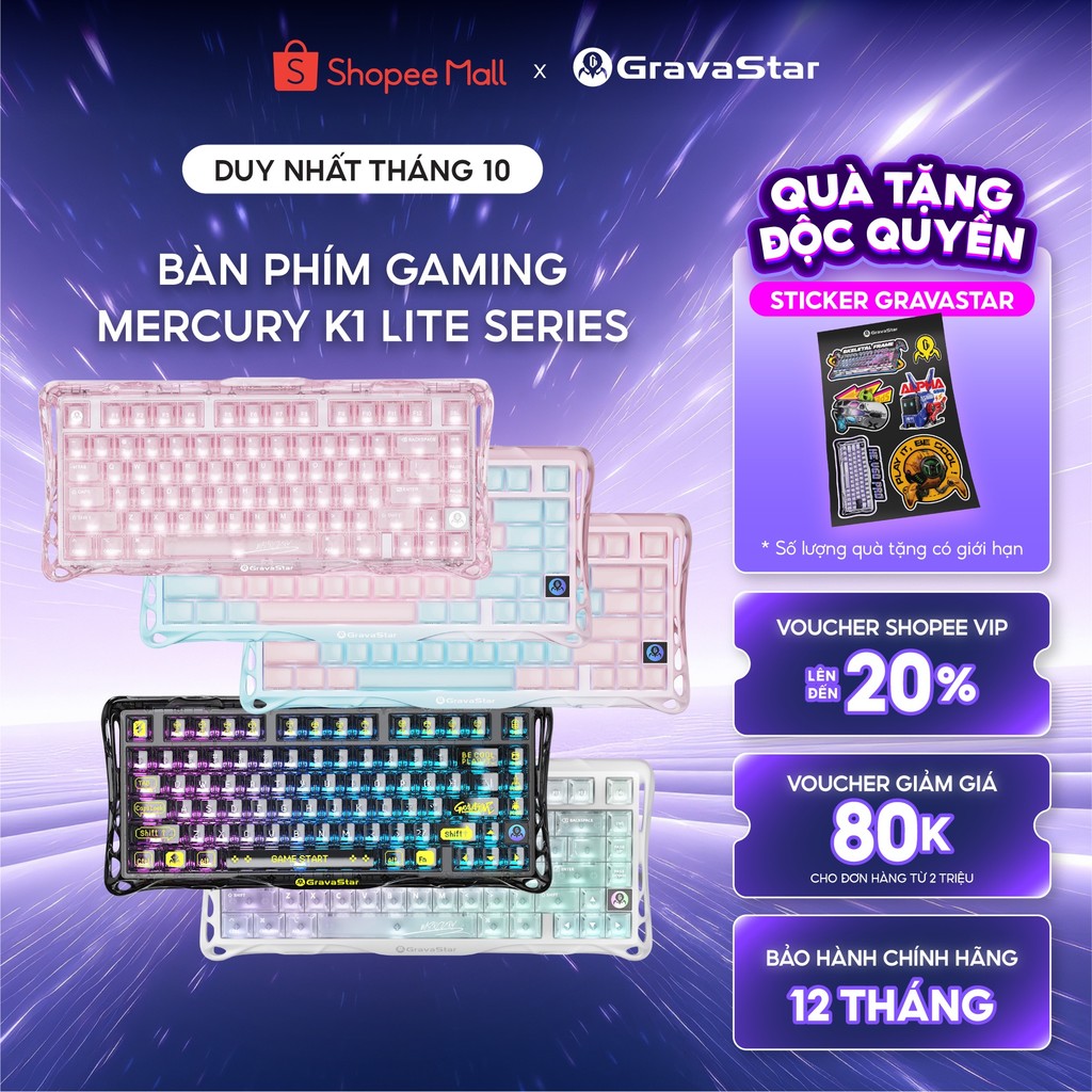 Bàn phím cơ Gaming Gravastar Mercury K1 Lite - 3 mode kết nối, Hot Swap, Linear Switch, Bảo hành 12 tháng