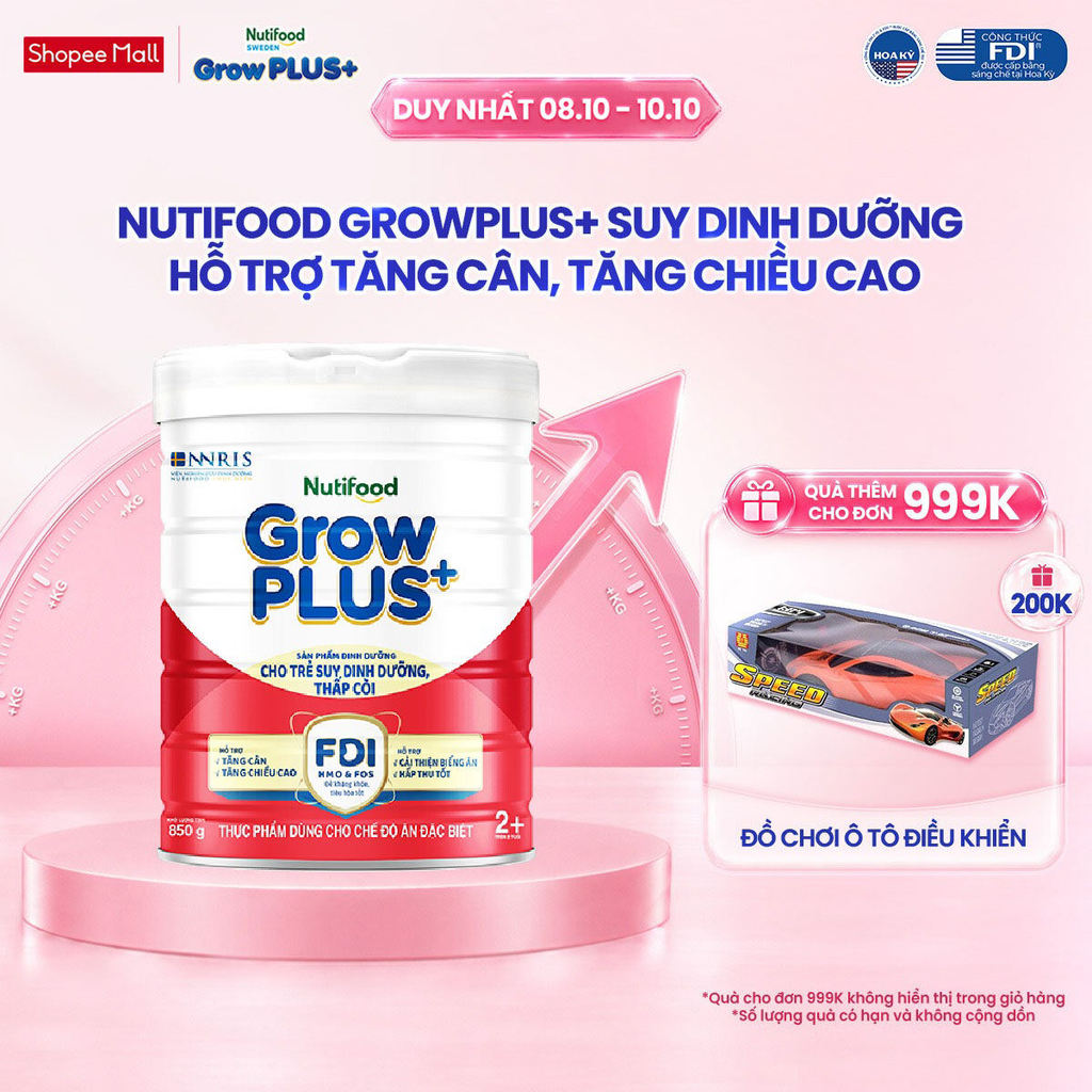 Sữa bột Nutifood GrowPLUS+ Suy Dinh Dưỡng (Đỏ) 2+ - Tăng Cân & Tăng Chiều Cao - Lon 850g
