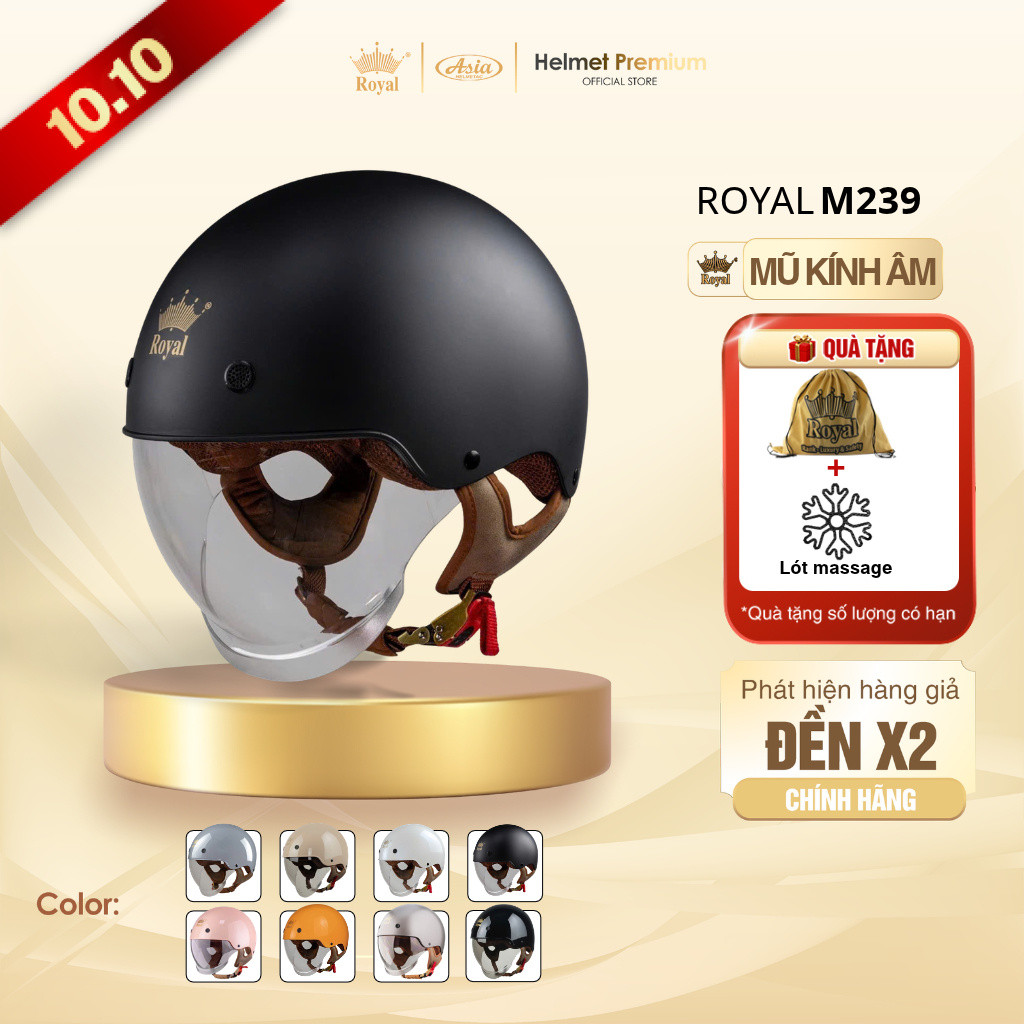Mũ Bảo Hiểm Nửa Đầu Royal M239 Kính Âm, Nón Bảo Hiểm 1/2 Kính Màu Trà Chống Nắng Lót Êm Tháo Lắp Vệ Sinh Dễ