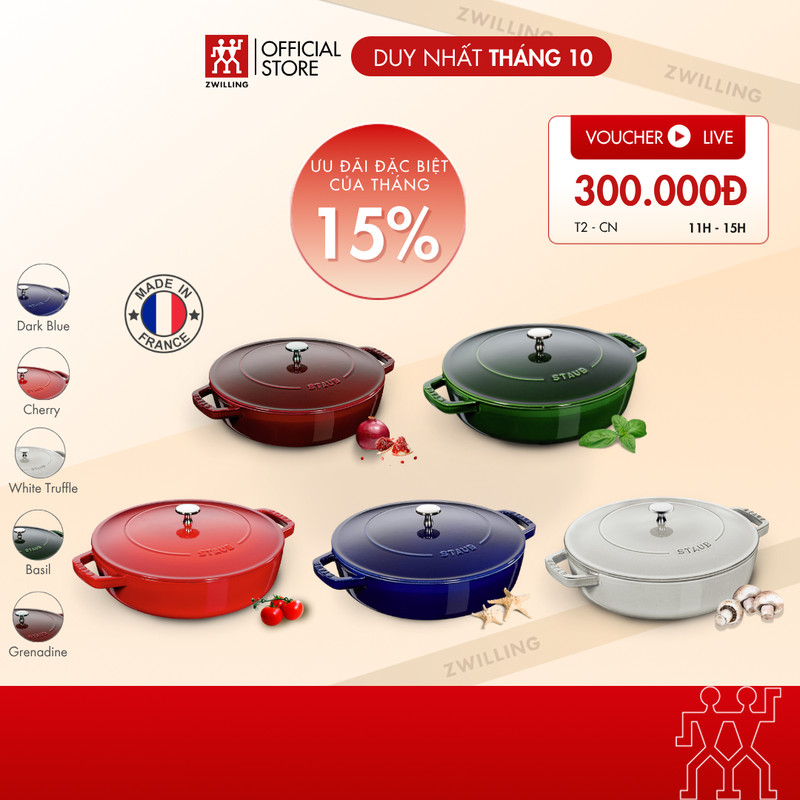Nồi chảo gang đúc tráng men STAUB Saute pan Chistera 24cm/2.5L và 28cm/3.7L, sản xuất tại Pháp, phù hợp ninh hầm