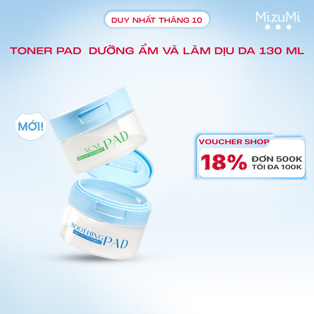 MizuMi Toner Pad Skin Fit Invisible Pad mỏng nhẹ dưỡng ẩm làm mát tức thì 130ml (80 pads)