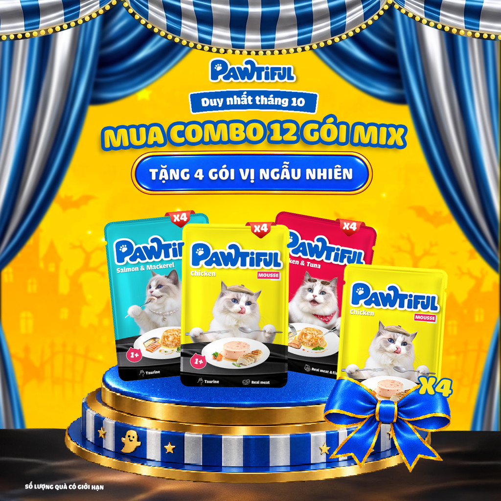 [MUA 12 TẶNG 4] Combo 12 túi Thức ăn cho mèo Pawtiful mix 3 vị Gà & Cá ngừ & Cá thu 70G x12