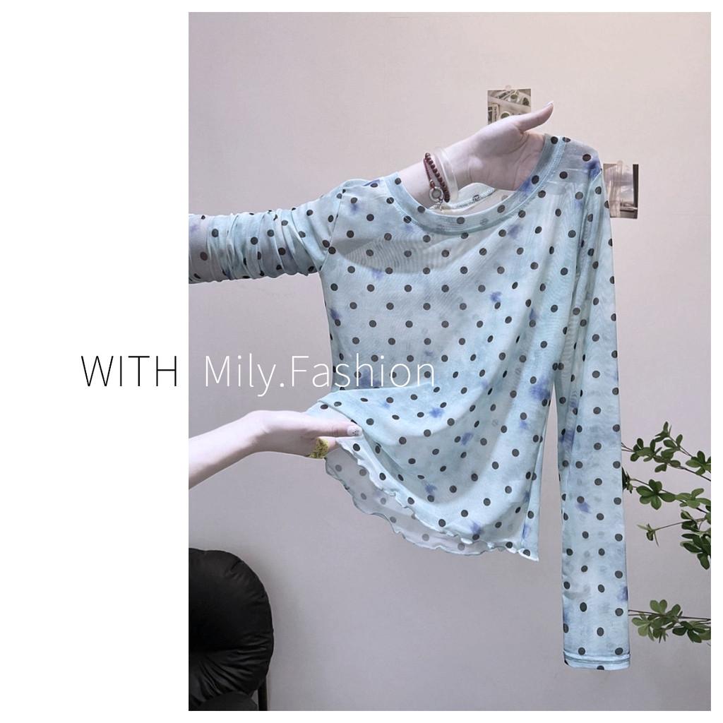 Milyfashion Slim-fit Slimmer Look Polka Dot Tie-Dye Gạc dài tay in hình mùa hè Gra