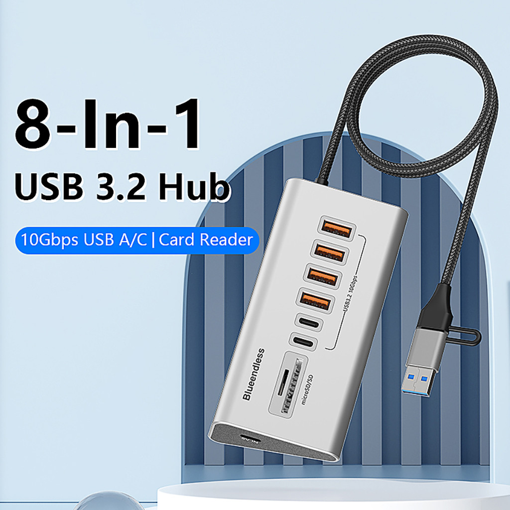 Blueendless Hợp Kim Nhôm 8in1 USB 3.2 HUB Bộ Chia USB 5V Nguồn 10Gbps Có Đầu Đọc Thẻ Cho Điện Thoại Di Động Laptop PC