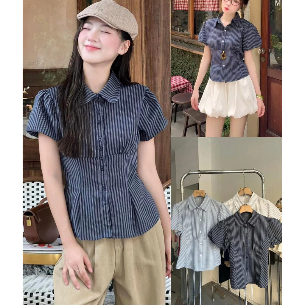 Áo Sơ Mi Kẻ Tay Bồng - Áo Kiểu Babydoll Kẻ Chiết Eo Phối Dây Buộc Eo Xinh Xắn_A532,A604