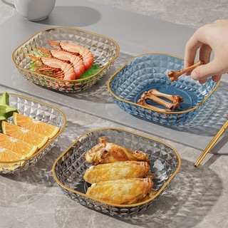 Set 4 khay đĩa nhựa viền vàng trong suốt đựng trái cây, thực phẩm đa năng, kèm giá đựng trang trí sang trọng