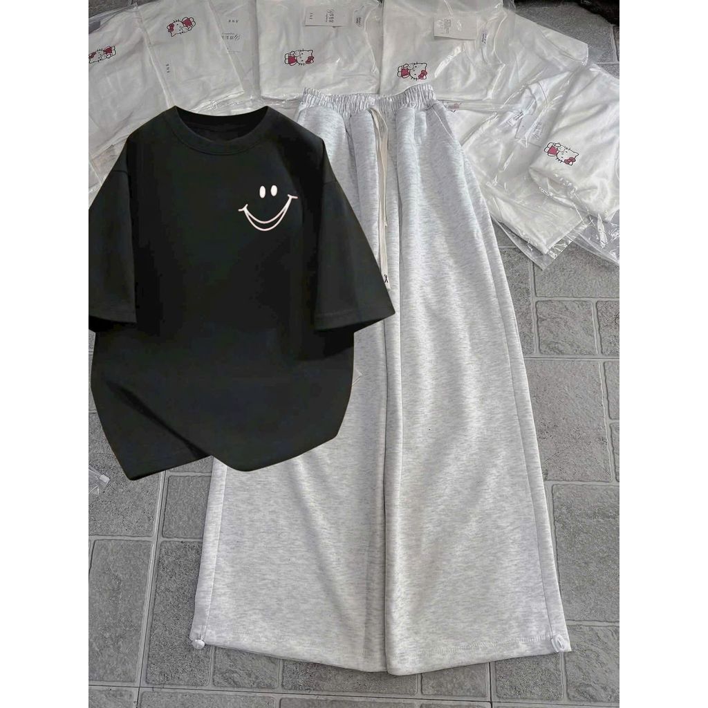 Tổng hợp quần  ống rộng chất da cá xám + mix áo phông form rộng tay lỡ unisex -ÁO MẶT CƯỜI NGGỰC