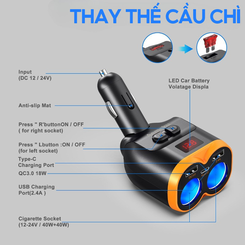 Tẩu sạc nhanh ô tô 30W cao cấp, 5 cổng kết nối, Màn Hình LCD Tự Động, tự động ngắt an toàn