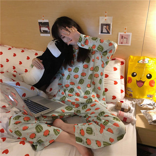 Bộ Đồ Ngủ Hàn Quốc Dài Tay Mỏng Cho Xuân Thu, Phù Hợp Mặc Mùa Hè, Phong Cách Ngọt Ngào Dễ Thương