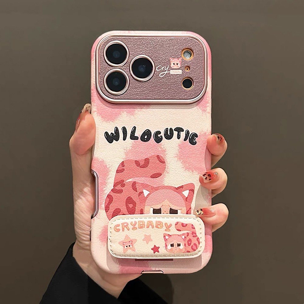 Màu Hồng Da Báo Khóc Gấp Giá Đỡ Da Ốp Lưng Điện Thoại Cho iPhone 17 Pro Max 17 Air 16 Plus 15 14 13 Vỏ Bảo Vệ Chống Sốc
