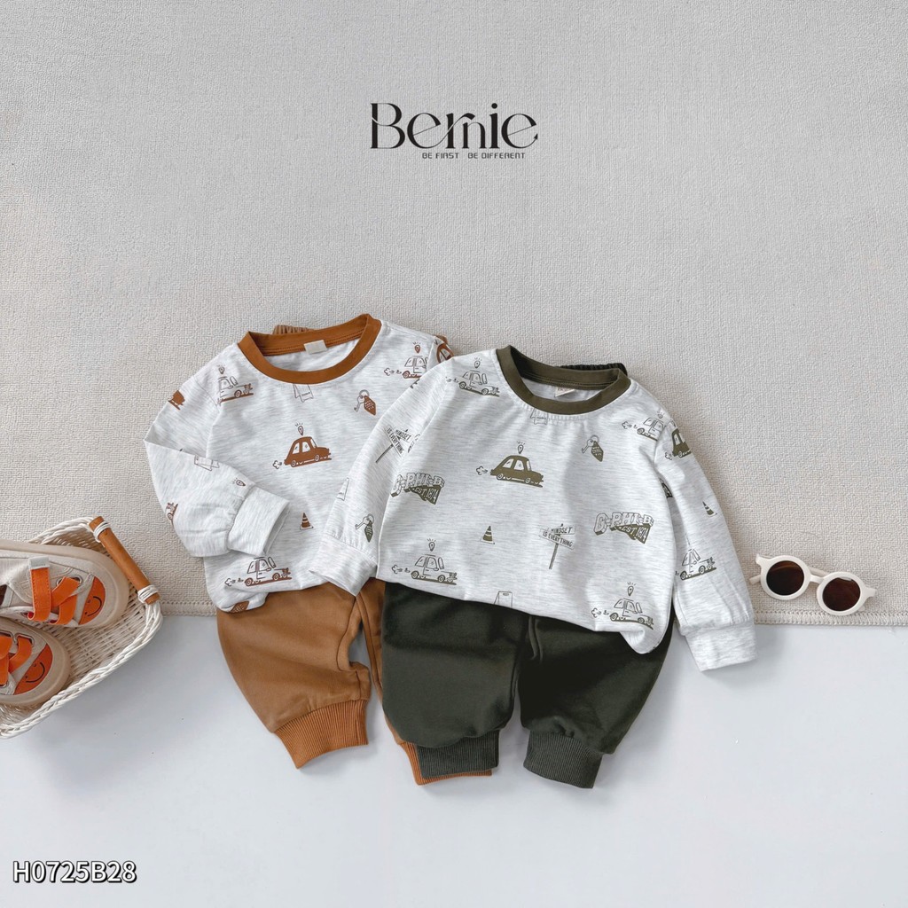 Bộ cotton dài tay Bernie họa tiết in tràn ô tô kèm quần cotton da cá cho bé trai 9-28kg