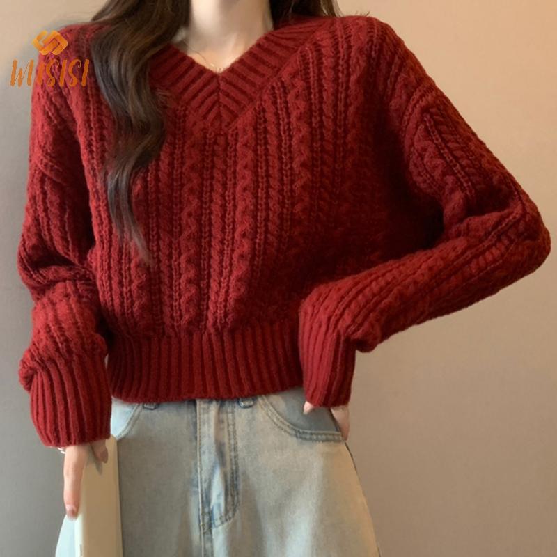 Áo len dệt kim ngắn tay cổ chữ V cổ điển, thời trang dành cho nữ