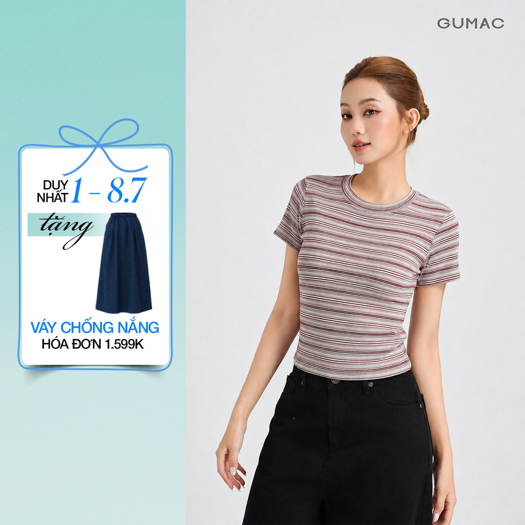 Áo Thun Nữ GUMAC Form Ôm Slim Cổ Tròn Tay Ngắn Chất Thun Sọc Mịn Co Giãn Thoải Mái LATG05051