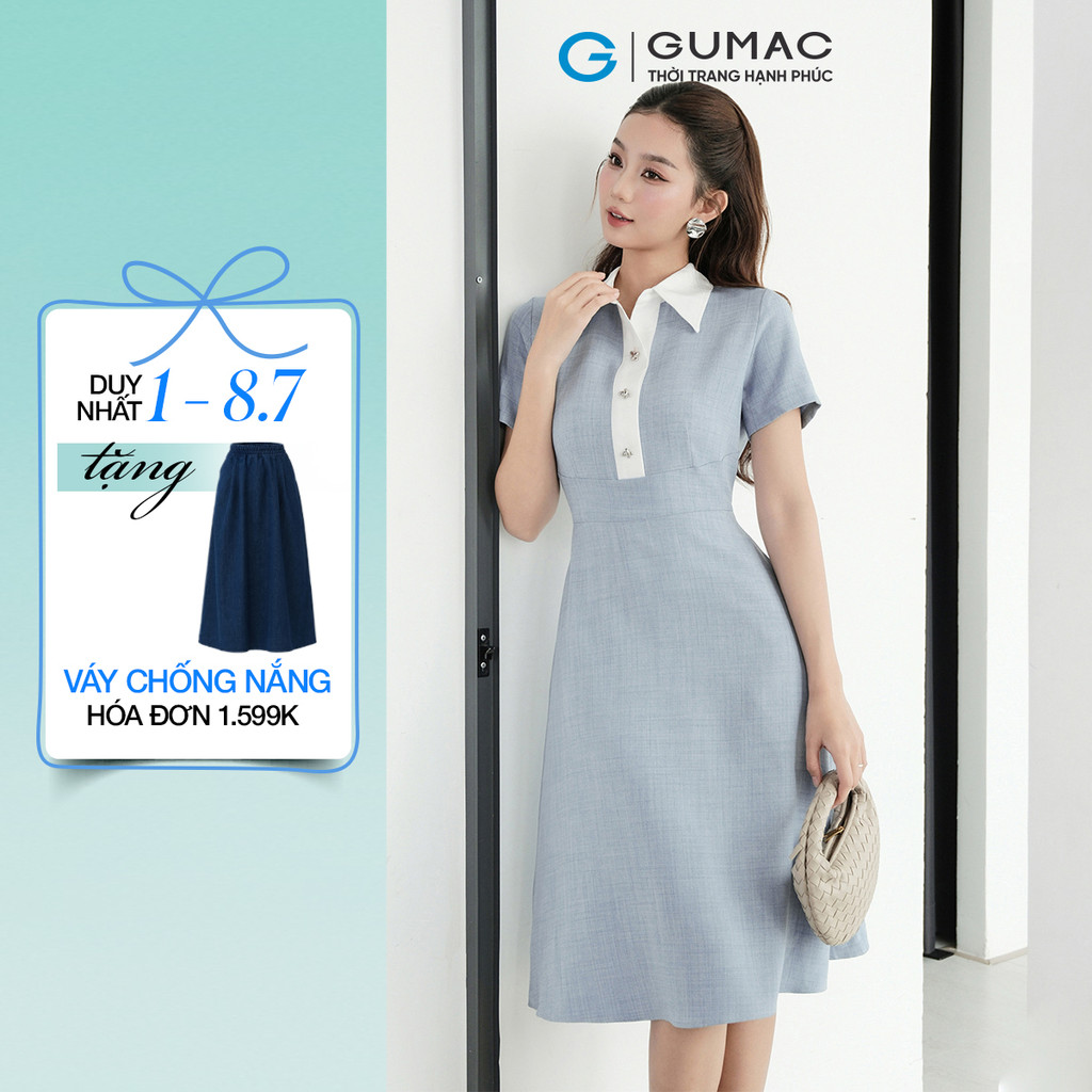 Đầm nữ form A GUMAC cổ sơ mi phối trắng tay ngắn phía trước phối vải trắng DF09001