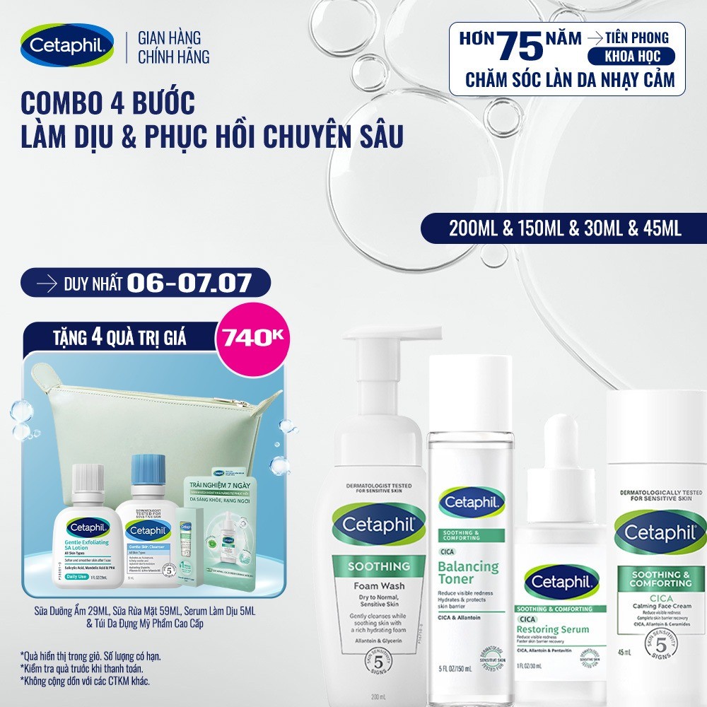 Bộ Sản Phẩm Phục Hồi Cetaphil Soothing and Comforting Cica Restoring Serum+Calming Face Cream+Balancing Toner+Foam Wash