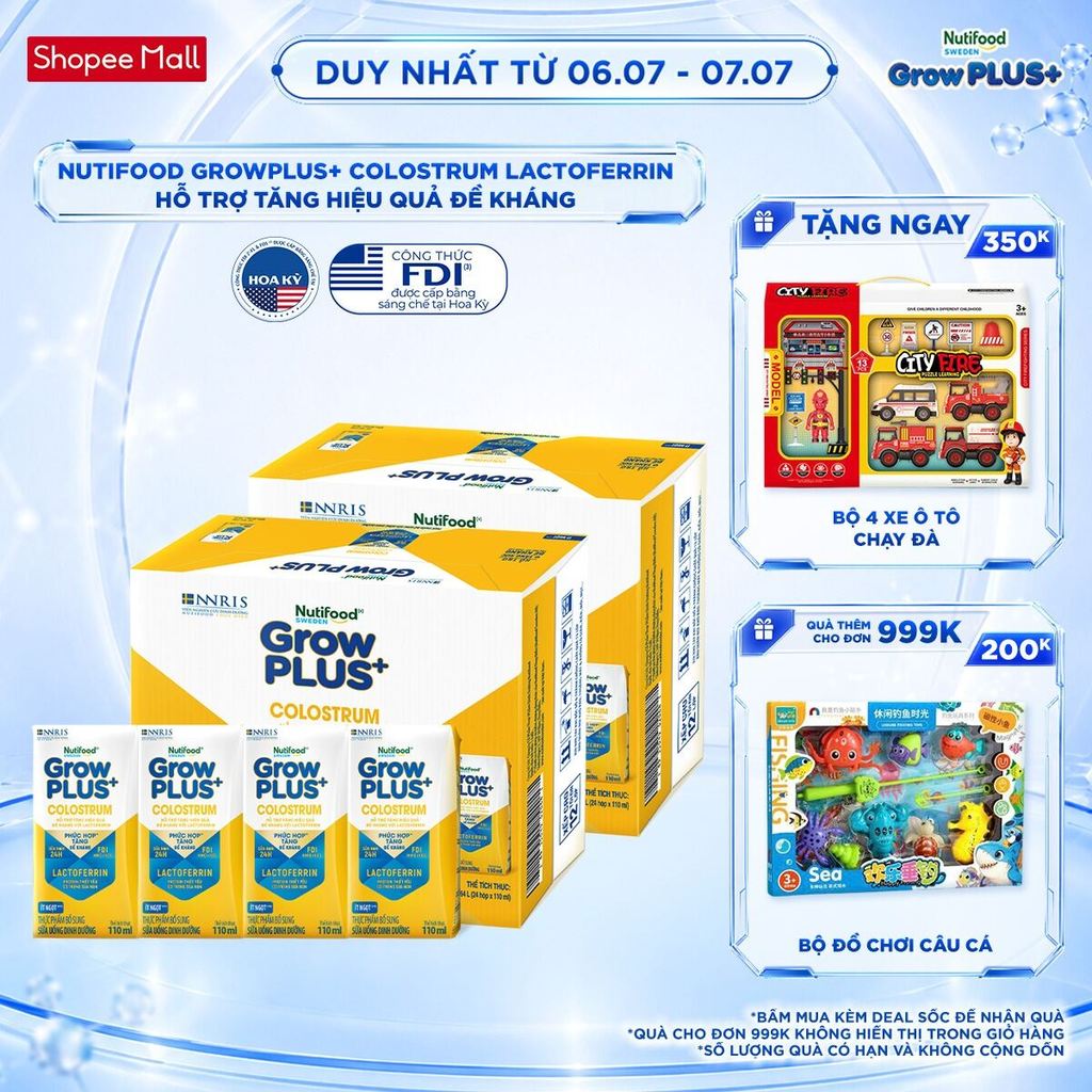 Combo 2 Thùng 24 hộp Sữa bột pha sẵn Nutifood Sweden GrowPLUS+ Colostrum Lactoferrin 110ml