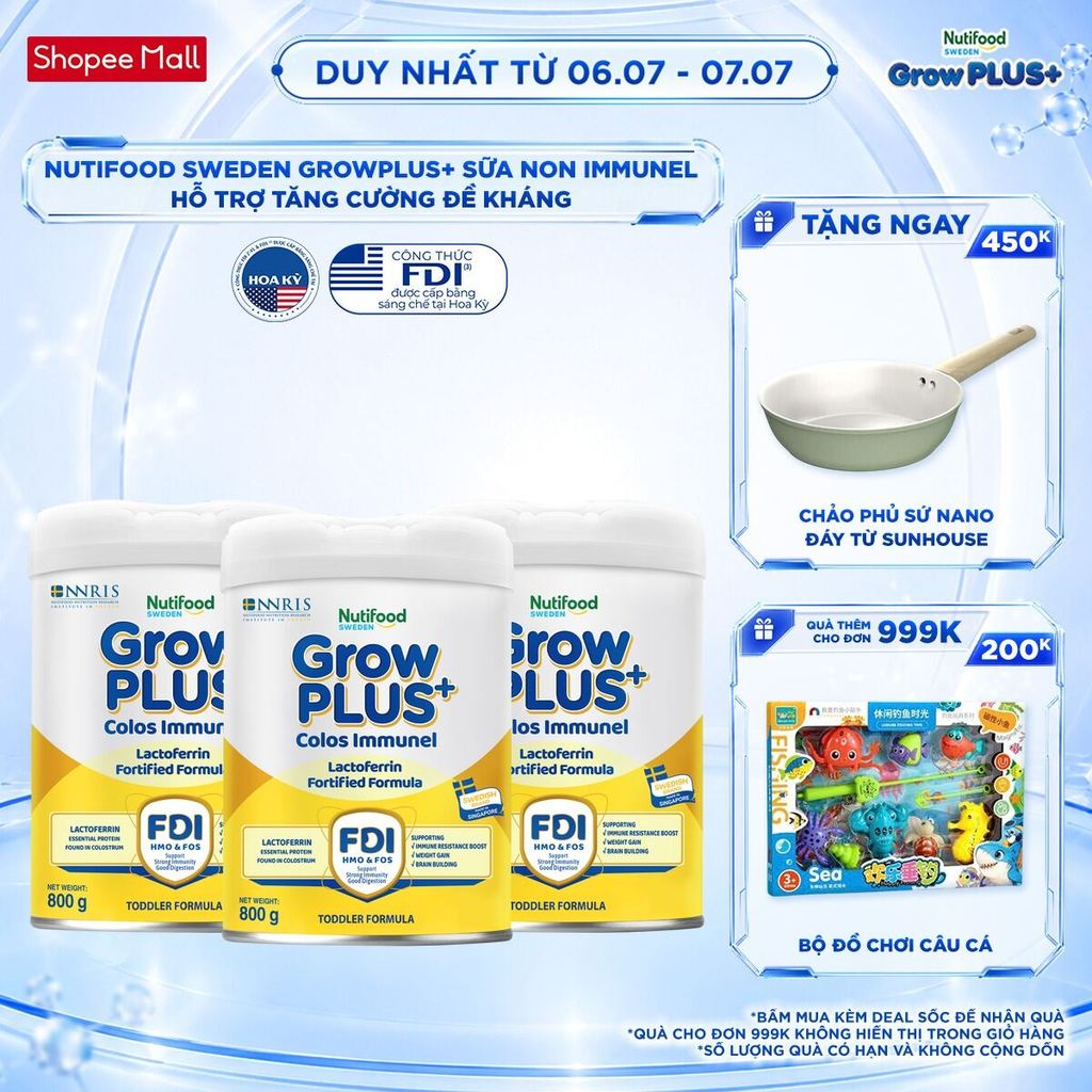 Combo 3 Sữa Bột Nutifood Sweden GrowPLUS+ Sữa Non Immunel lon 800 g (Bao bì tuỳ lô hàng)