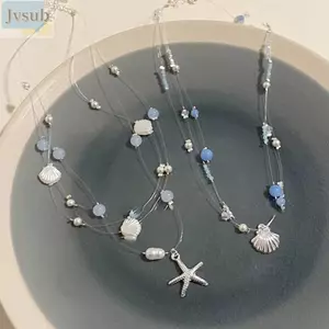 Mặt dây chuyền màu xanh JVSUB dành cho nữ, Phong cách kỳ nghỉ bên bờ biển nhẹ nhàng xếp chồng Dây chuyền vỏ sao biển, Quà tặng Phụ kiện trang sức nhiều lớp Dây chuyền xương đòn