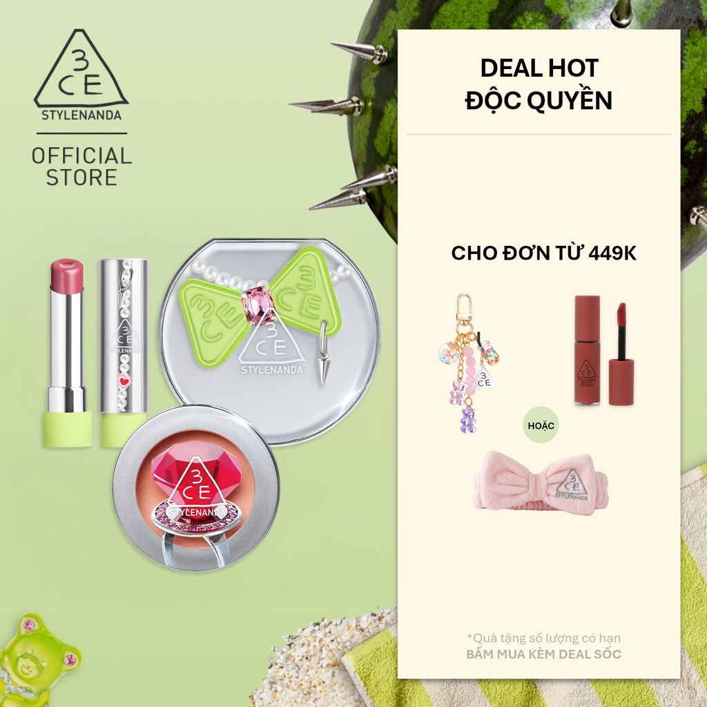 3CE BST MIKSHIMAI - PHẤN NƯỚC FITTING MESH CUSHION, SON BÓNG GLAZY LIP GLOW, MÁ HỒNG FACE BLUSH