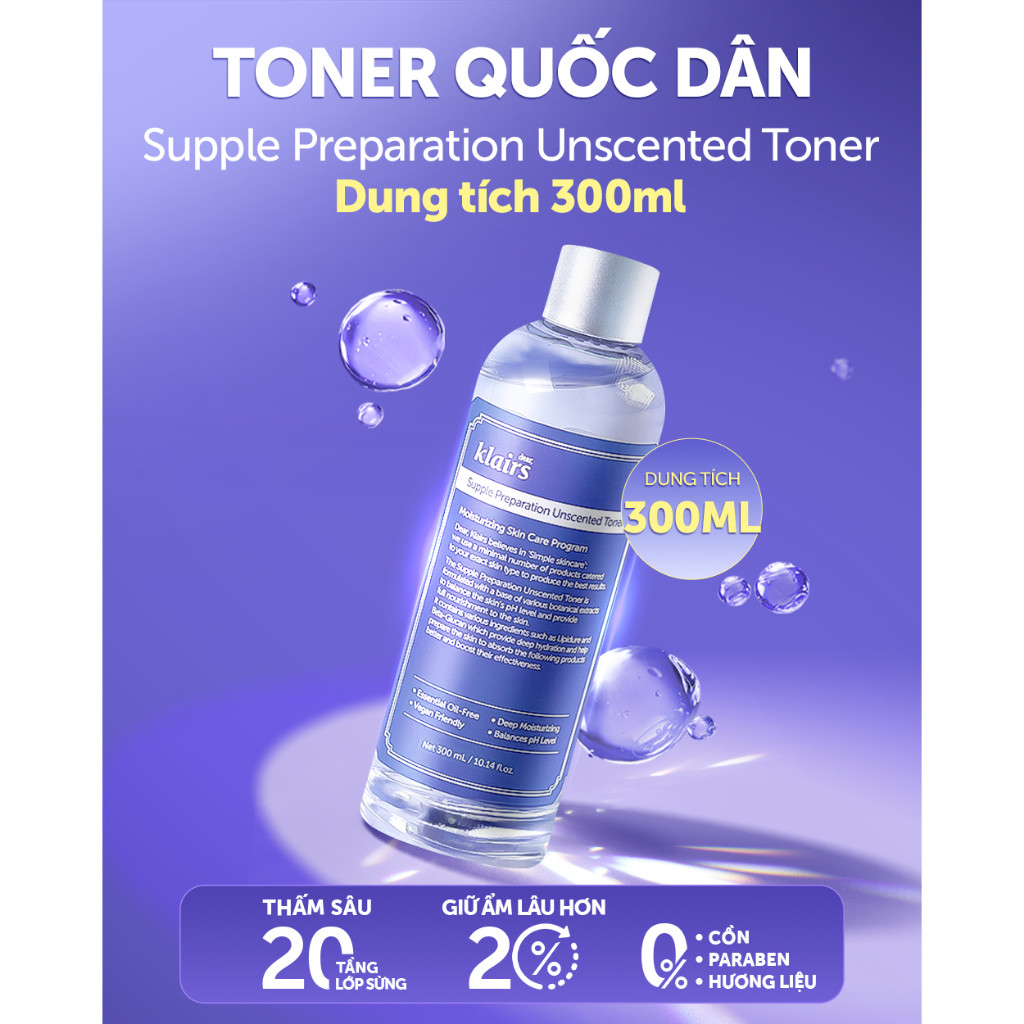 Nước hoa hồng Dear, Klairs Supple Preparation Unscented Toner hỗ trợ cấp ẩm 300ml [FS]