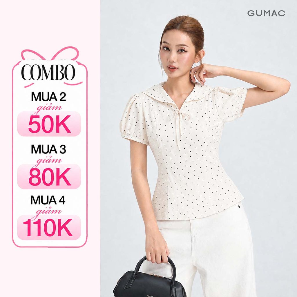 Áo Kiểu Nữ Peplum GUMAC Form Ôm Eo Tay Phồng Cổ Thủy Thủ Đính Nơ Chất Linen Xước Mềm Thanh Lịch YAG06042