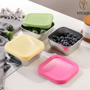 YITAQI Hộp đựng thực phẩm YITAQI, Hộp giữ tươi bằng thép không gỉ nắp silicon có thể xếp chồng lên nhau, Hộp đựng thức ăn vuông di động 400ml Hộp cơm trưa Hộp đựng thực phẩm tươi sống
