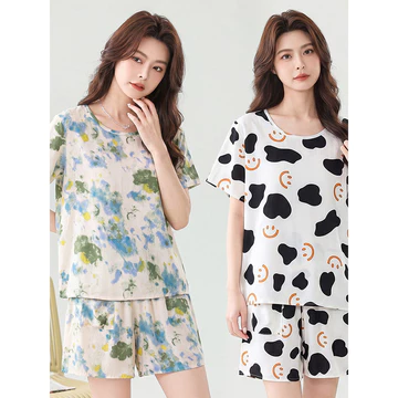 đồ bộ nữ đồ mặc nhà đồ ngủ nữ cute Đồ ngủ cotton quần short ngắn tay mùa hè cho nữ đồ mặc nhà đồ ngủ cotton nhân tạo cỡ lớn rộng rãi có thể mặc ngoài kiểu mỏng thời trang