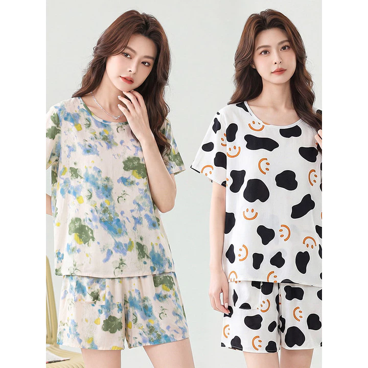 đồ bộ nữ đồ mặc nhà đồ ngủ nữ cute Đồ ngủ cotton quần short ngắn tay mùa hè cho nữ đồ mặc nhà đồ ngủ cotton nhân tạo cỡ lớn rộng rãi có thể mặc ngoài kiểu mỏng thời trang