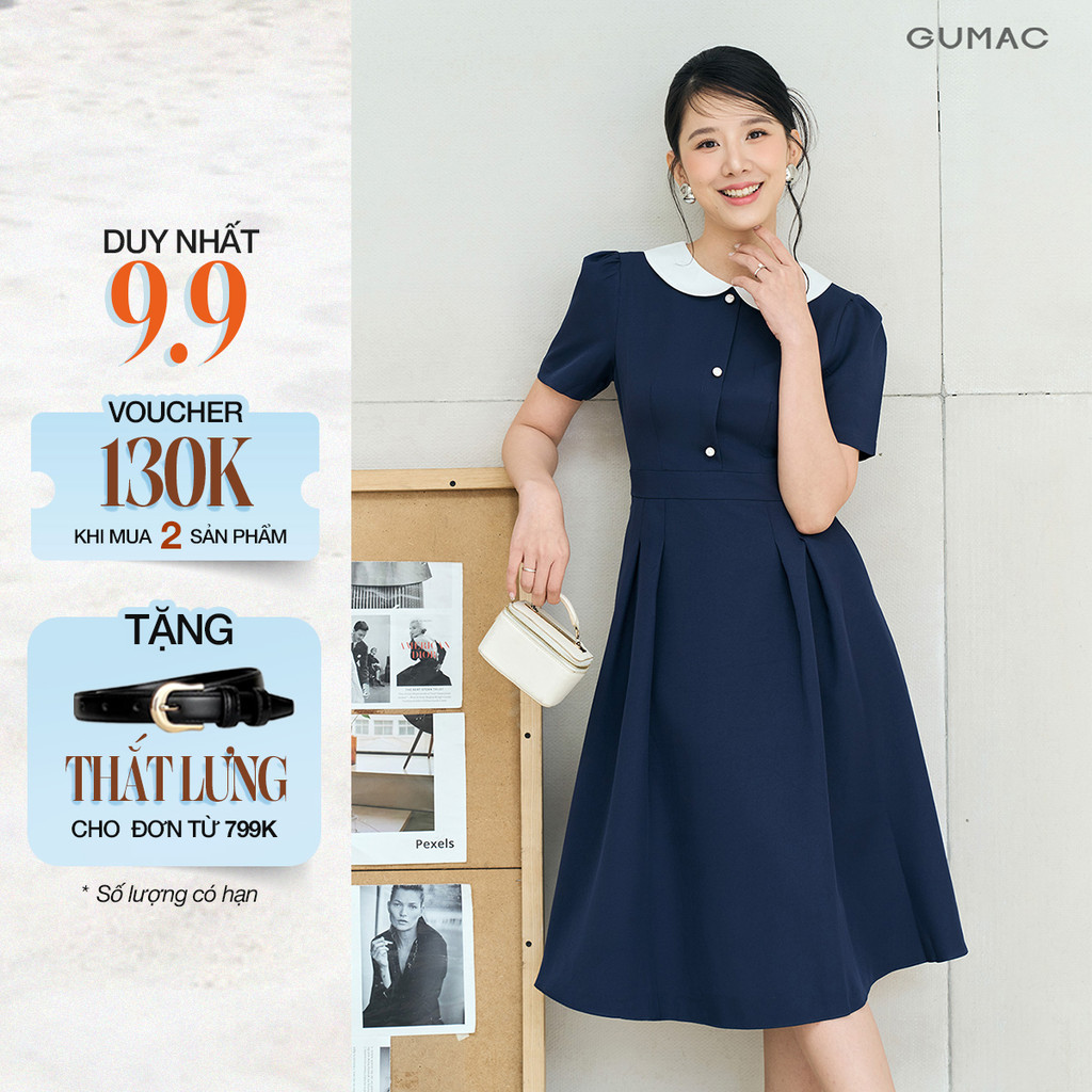 Đầm Chữ A Nữ GUMAC Váy Công Sở Xòe Phối Cổ Bâu Sen Tiểu Thư Có Túi Vải Cotton LDE0821