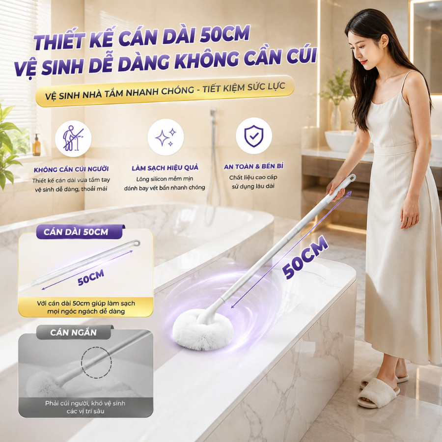 Chổi Cọ Vệ Sinh Bồn Tắm Gạch Men COZY Đầu Đám Mây Lông Mềm Kèm Kẹp Rác Tiện Lợi | BigBuy360 - bigbuy360.vn