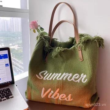 Túi Dung Tích Lớn Túi Vải Thêu Chữ Túi Tote Túi Xách Nữ Túi Dệt Túi Đi Biển Túi Đeo Vai Túi