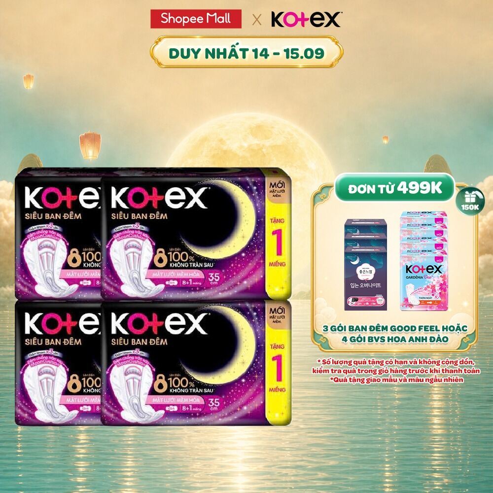 Combo 4 hoặc 8 Gói Băng Vệ Sinh Kotex Siêu Ban Đêm Mặt Lưới 35CM (8+1) miếng