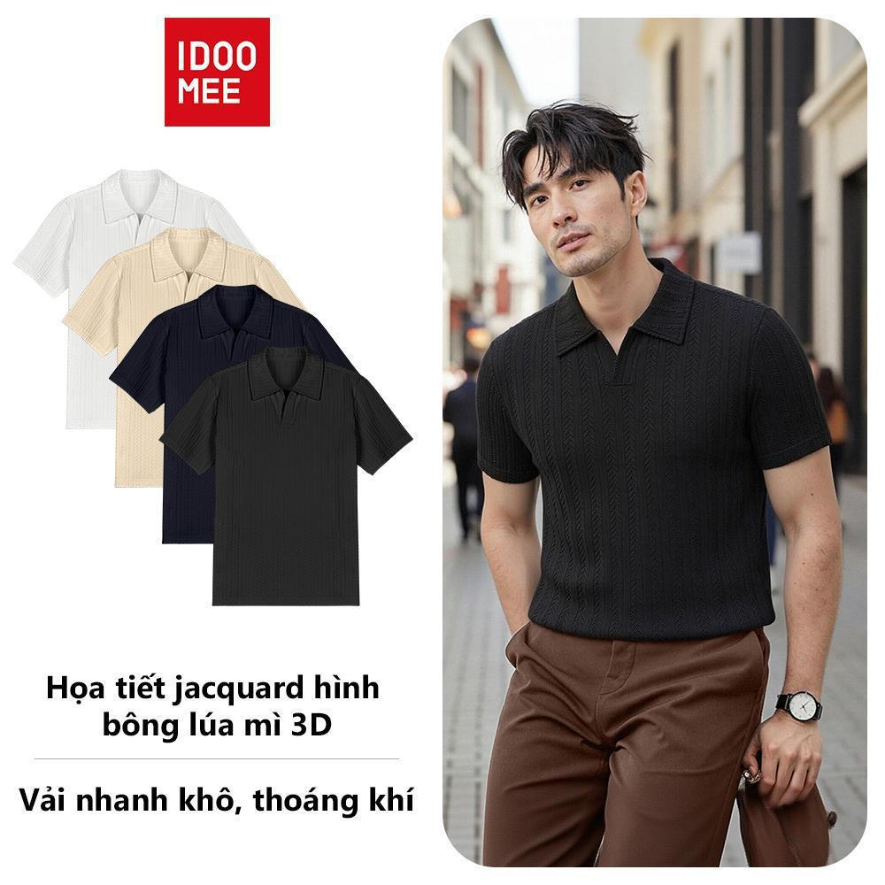 Áo sơ mi Polo ngắn tay màu đen IDOOME, sử dụng thiết kế gân thoải mái, thích hợp cho nam nữ mặc hàng ngày.