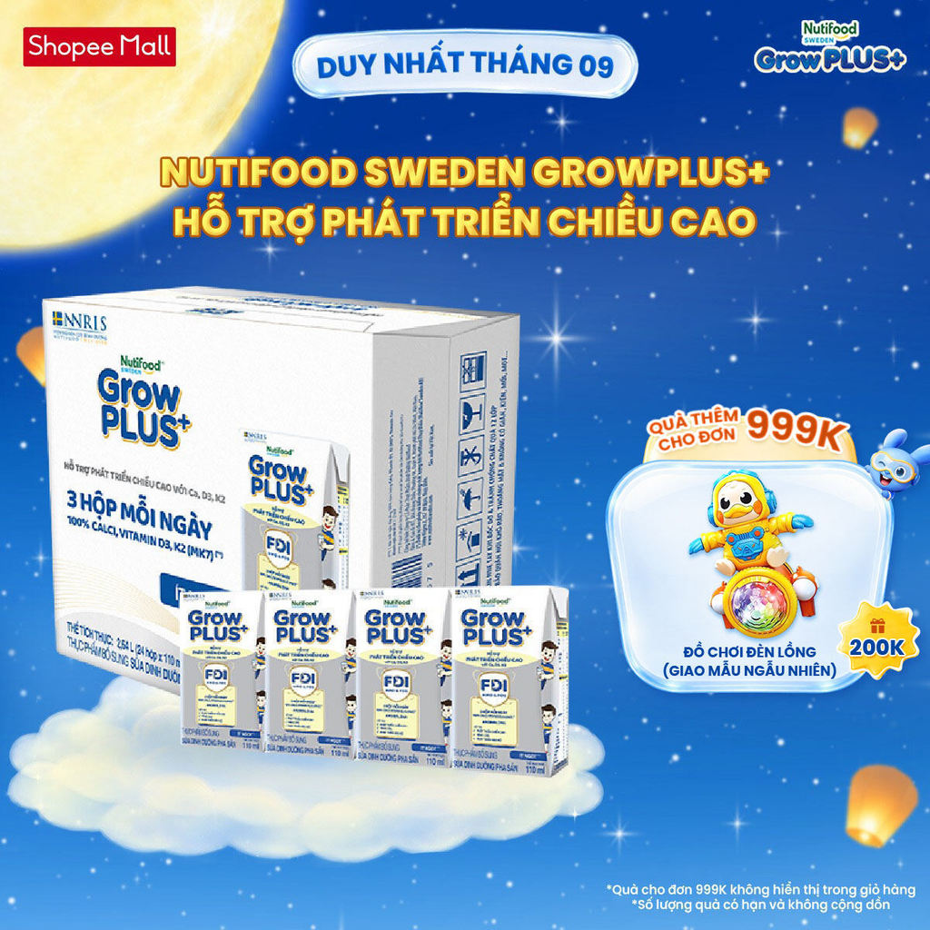 Thùng 24 hộp Sữa Bột Pha Sẵn Nutifood Sweden GrowPLUS+ Cao lớn vượt trội hộp 110 ml