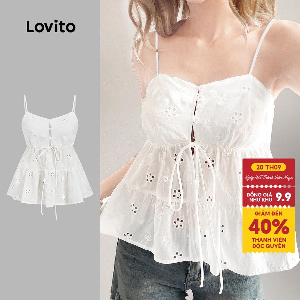 Áo nữ Lovito Kỳ nghỉ trắng ngà xuân hè buộc dây nút phong cách L165ED038