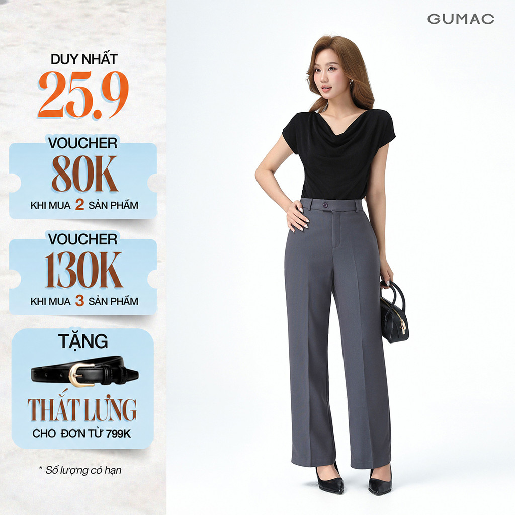 [NHẬP OUTLETLP25 GIẢM 25%] Quần Ống Suông Nữ 99cm GUMAC Quần Tây Công Sở Lưng Cao Cài Quai Dê Chất Tuyết Mưa LQE1241
