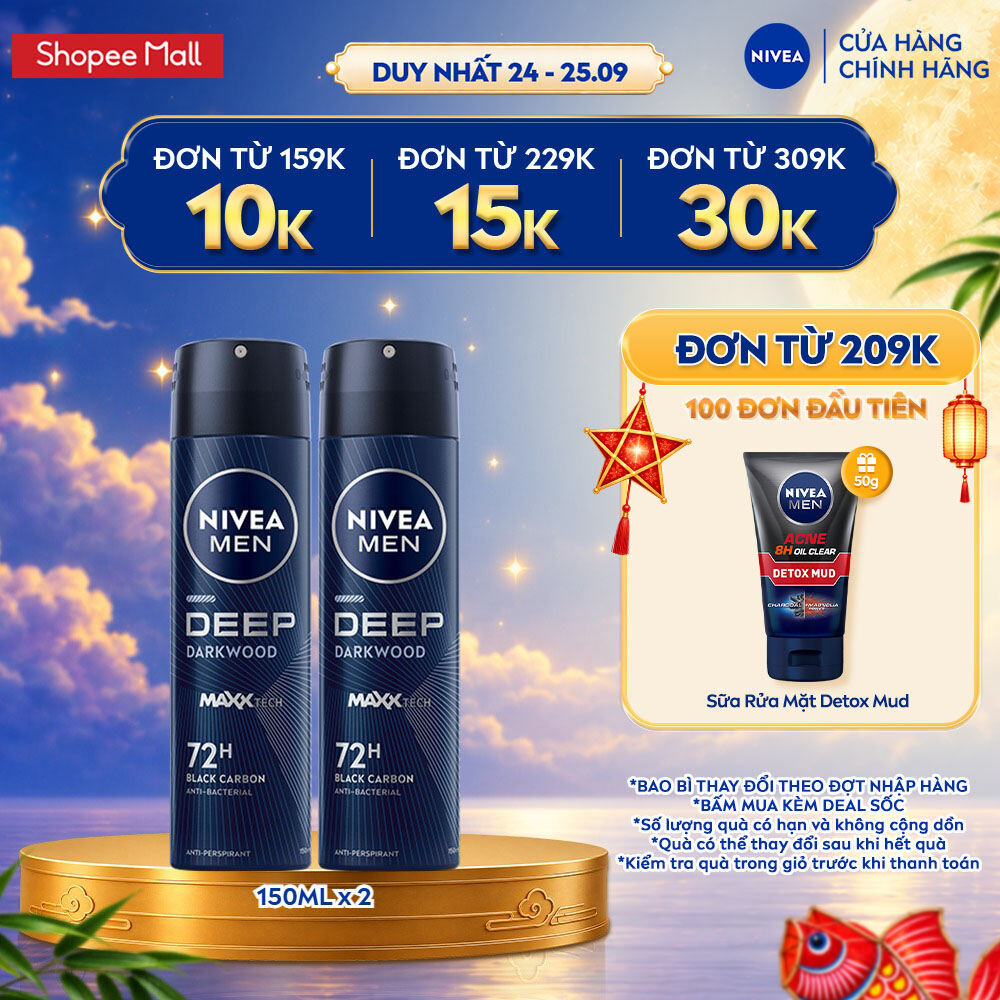 Combo 2 Xịt Khử Mùi Nam NIVEA MEN 150ml Ngăn Mồ Hôi & Mùi Cơ Thể 48H-72H - Deep Darkwood/Extreme/Espresso/Black&White