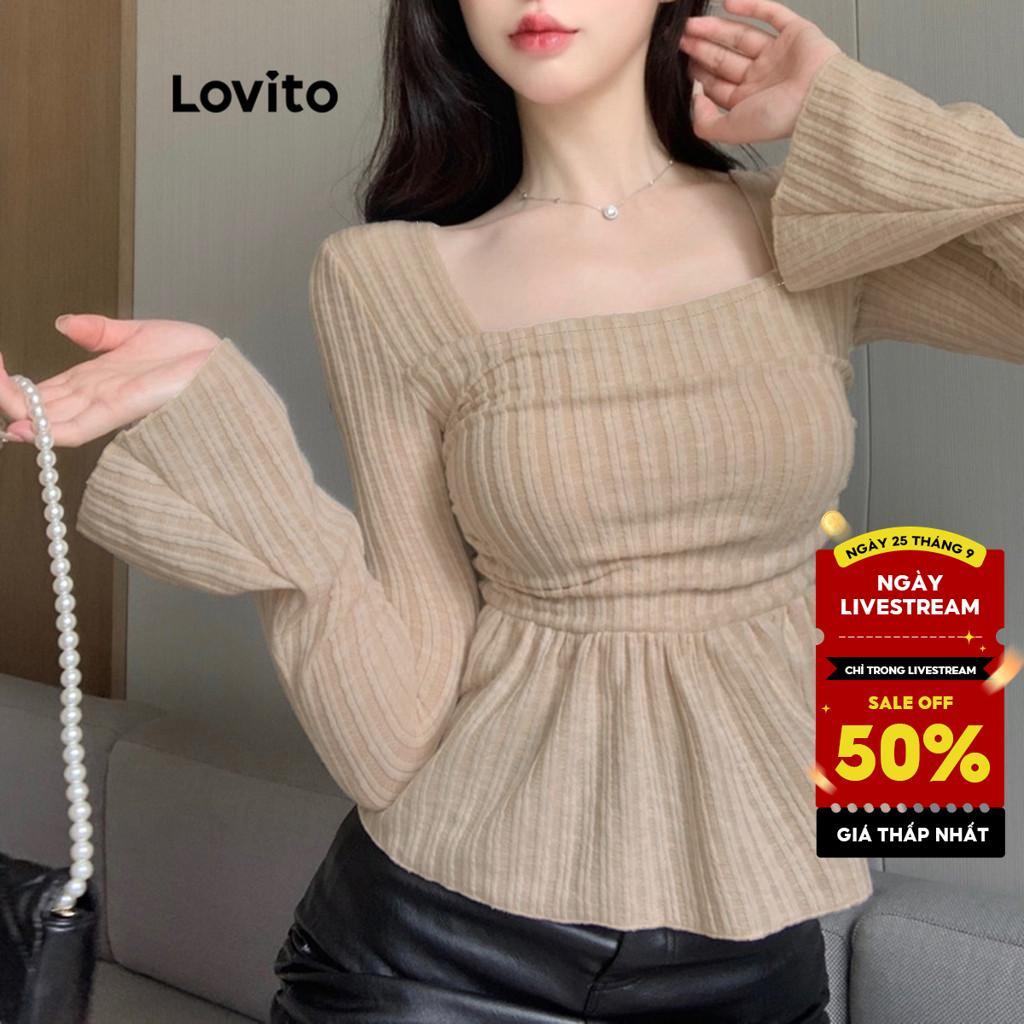 Lovito Áo thun mùa thu và áo thun cổ vuông xếp trơn thường ngày mùa đông dành cho nữ LNE29197