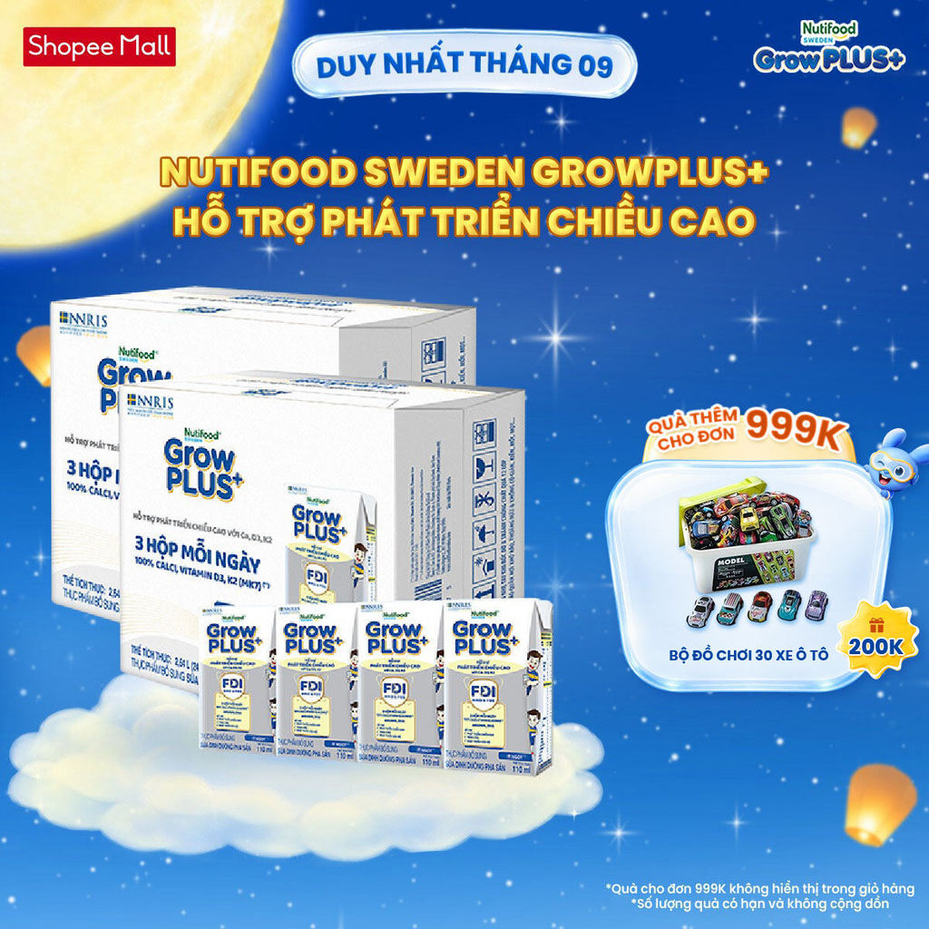 Combo 2 Thùng 24 Hộp Sữa Bột Pha Sẵn Nutifood Sweden GrowPLUS+ Cao lớn vượt trội hộp 110 ml